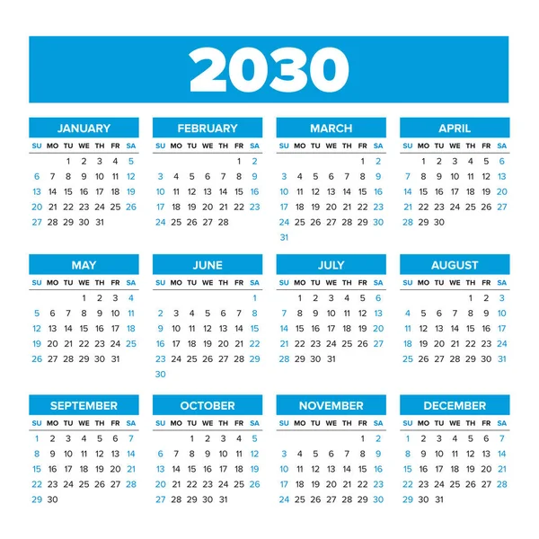 2030 Απλό διανυσματικό ημερολόγιο. Οι εβδομάδες ξεκινούν την Κυριακή. — Διανυσματικό Αρχείο