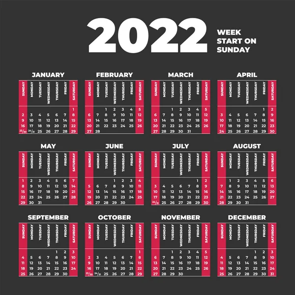 2022 Modèle de calendrier avec semaines commence le dimanche — Image vectorielle