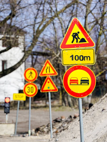 Many Different Warning Prohibition Road Signs Road Section Repaired — Stock Photo, Image