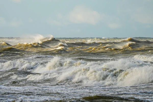 Baltık Denizi 'nde şiddetli bir fırtına sırasında dev dalgalar çarpar ve kükrer. Okyanus kabarmaları ve rüzgarla çalışan sprey, Letonya kıyılarında dramatik deniz gücü gösteriyor.