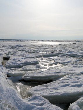 Drifting ice floes and frozen channels along the Baltic Sea coast shimmer under soft winter sunlight and cold northern skies