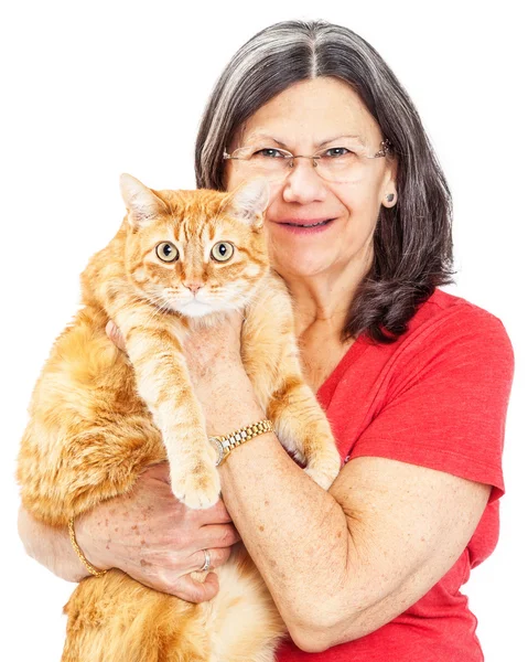 Rijpe vrouw en kat — Stockfoto