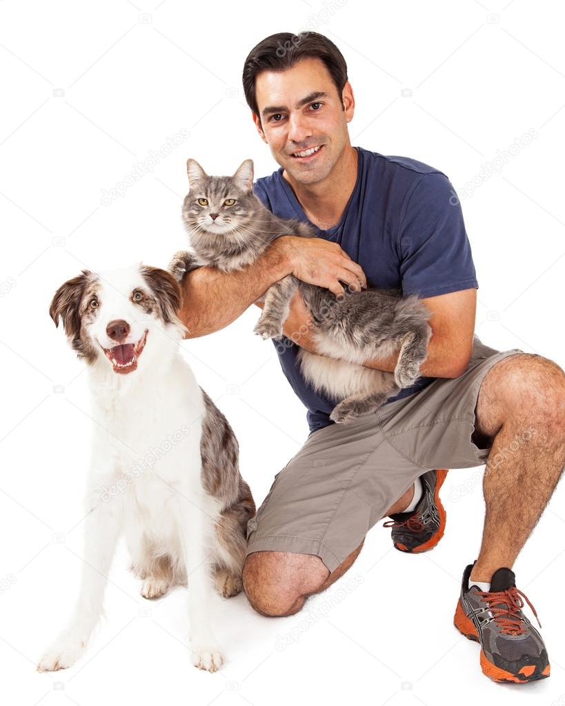 Handsome Man With Dog and Cat