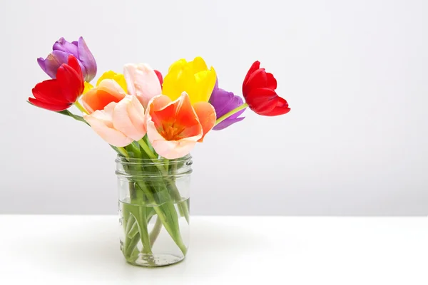 Tulipanes coloridos en Mason Jar — Foto de Stock