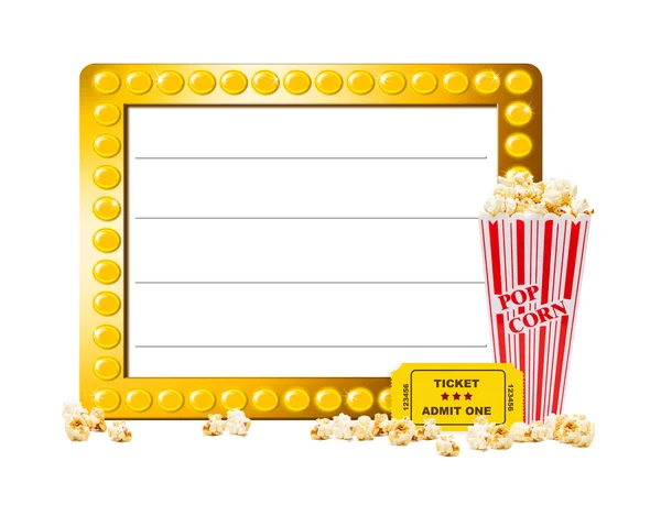 Schild mit Popcorn und Eintrittskarte zeigen — Stockfoto