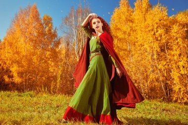 Orta Çağ 'dan güzel kızıl saçlı bir kız çayırda yürüyor. Kelt kültürü. Hayal dünyası..