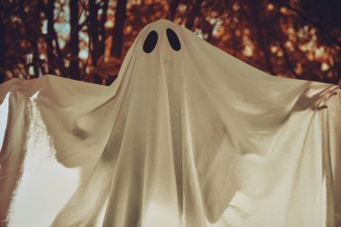 Karanlık bir ormanda, beyaz bir çarşafın altında, içinde ışık olan hayalet bir çocuk. Cadılar Bayramı konsepti. 