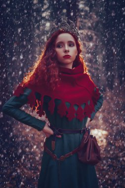 Fantasy world. Beautiful red-haired princess in a deep winter forest. Ancient times. Celts. clipart