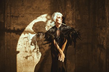 Aristokrat, yaşlı, zengin, siyah elbiseli bir kadının portresi yıkılmış duvarın yanında dikilip pencereye bakıyor. Kara Dul. Fantezi Dünyası. Cadılar Bayramı.