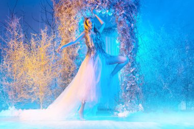 Büyülü bir kış ormanında zarif bir orman perisinin uzun portresi..