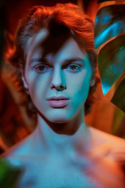 Kırmızı ışıkta tropik bitkiler arasında poz veren çıplak gövdeli yakışıklı bir manken. Erkek güzelliği. Parfüm ve güzellik ürünleri.