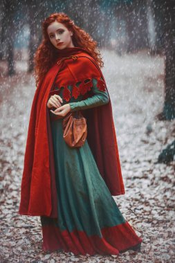Orta Çağ 'dan güzel kızıl saçlı bir kızın portresi. Karlı ormanda yürüyen elbise ve pelerinli. Hayal dünyası. Noel hikayeleri. 
