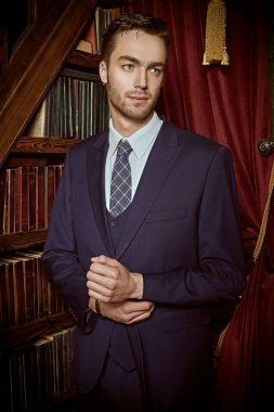 Klasik iç mimarisi olan lüks dairelerde poz veren saygıdeğer genç bir adamın portresi. Erkek güzelliği, moda.