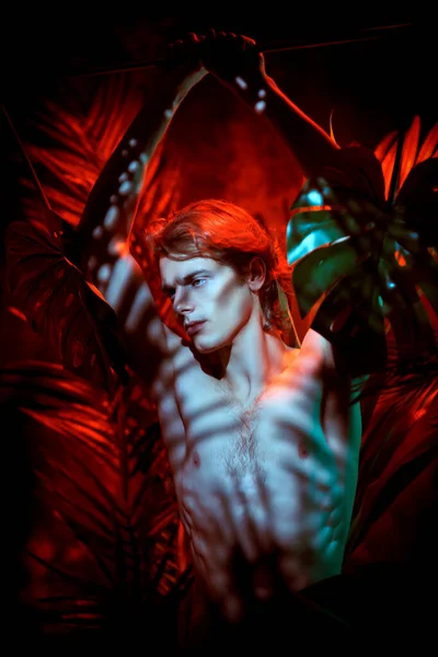 Jungle photoshoot. Handsome young man fashion model with naked torso poses among tropical plants. Men\'s beauty. Perfumery and beauty products.