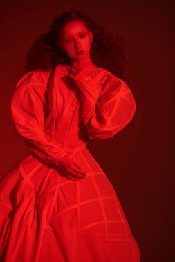 Sofistike bir kadın modelin portresi, gür kıvırcık saçlı, siyah bir sanat elbisesi içinde poz veren. Kırmızı ışıkta moda sanatı..