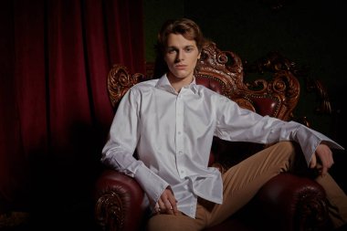 Şık beyaz gömlekli yakışıklı bir gencin portresi lüks dairelerde bir koltukta oturuyor. Erkek güzelliği, moda. Lüks yaşam tarzı. 