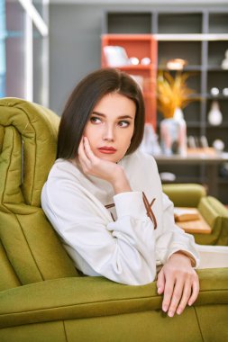 Evindeki rahat oturma odasında, kanepede oturan zarif genç bir kadın. Evin içi, mobilyalar. Yaşam tarzı. Modern ofisinde başarılı bir iş kadını.. 