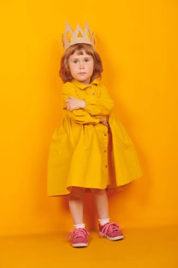 Kartondan bir taç takmış, kameraya bakıp gülümseyen sevimli bir kızın uzun bir portresi. Küçük prenses kız. Mutlu bir çocukluk. Çocukların duyguları ve hayal gücü. Sarı arkaplan. 