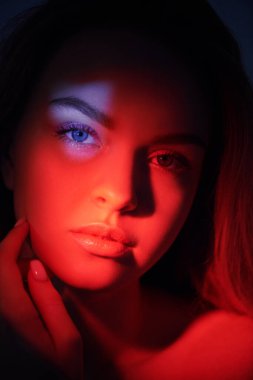 Kırmızı ve mavi ışıklı muhteşem sarışın bir kadının yakın plan portresi. Kadın güzelliği. 