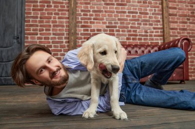 Mutlu genç adam evcil köpeği Golden Retriever ile oynuyor..