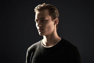 Stüdyoda karanlık ışıkta poz veren sarışın yakışıklı bir adamın portresi. Erkek güzelliği. Siyah arkaplan. 