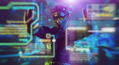 Geleceğin siber punk savaşçısı dijital hologramı kontrol ediyor. Oyun, sanal gerçeklik. Gelecekteki teknolojiler.