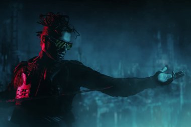 Cesur bir siber punk savaşçısı elinde kılıçla geleceğin gece şehrinin arka planına karşı savaşıyor. Oyun, sanal gerçeklik.