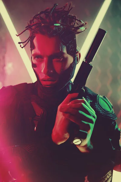 Cyberpunk warrior portrait. A brave cyberpunk man in a protective uniform stands on alert with a gun in his hands in neon light. Game, virtual reality.