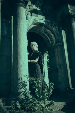 Güzel gri saçlı ve zengin siyah elbiseli aristokrat bir dul kadın mezarlıktaki bir mahzende hüzünlü bir poz veriyor. Kara Dul. Gizemciliğin atmosferi. Cadılar Bayramı.