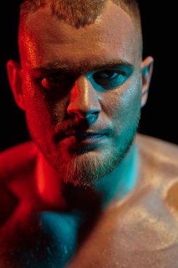 Siyah arka planda, çok renkli ışıklandırmada güçlü bir kızıl saçlı atletik adamın portresini yakından çek. Erkek güzellik konsepti. 