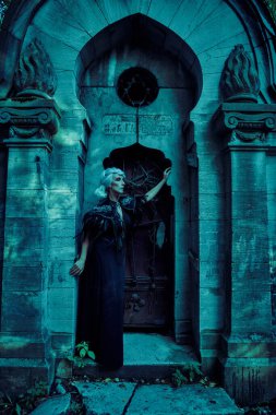 Zengin siyah elbiseli aristokrat bir dul kadın turkuaz ışıklı bir mezarlıktaki bir mahzende üzgün duruyor. Kara Dul 'un tam boy portresi. Gizemciliğin atmosferi. Cadılar Bayramı.