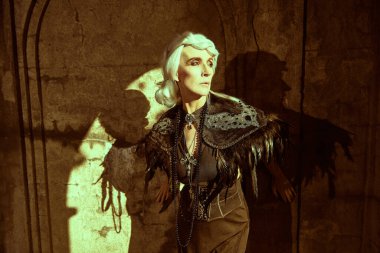 Kara Dul. Güzel gri saçları ve zengin siyah elbisesi olan aristokrat bir dul kadın eski bir kalenin duvarında duruyor. Fantezi Dünyası. Cadılar Bayramı.