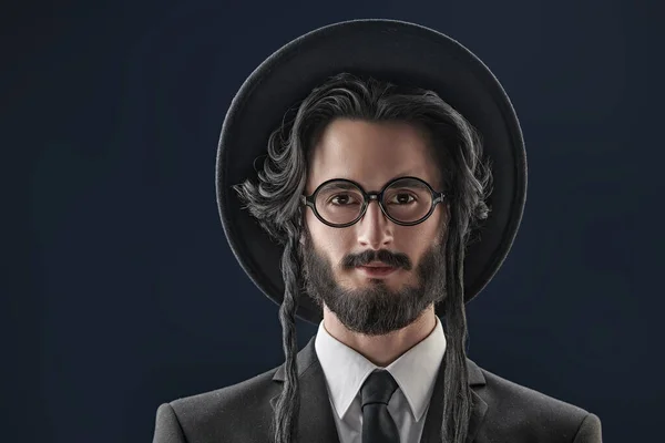 Portrait of a traditional Jewish man with sidedresses, in a black suit and round glasses. Studio shot on a dark blue background.
