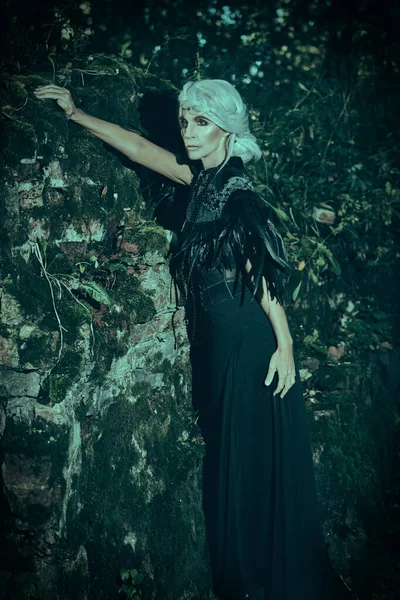 Güzel gri saçları ve zengin siyah elbisesi olan aristokrat bir dul kadın gecenin bir yarısı harabelerin yanında duruyor. Kara Dul. Fantezi Dünyası. Cadılar Bayramı.