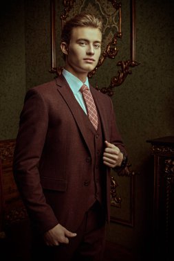 A portrait of a handsome blonde young man in a formal suit posing in a luxury apartment with classic interior. Men's beauty, fashion. clipart