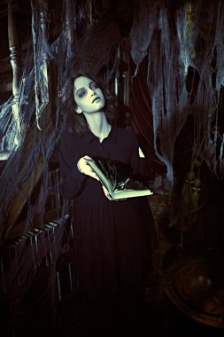 Kütüphane hayaleti. Terk edilmiş eski bir kütüphanede elinde yanmış bir kitapla yalnız bir hayalet kız duruyor. Dehşet. Cadılar Bayramı.