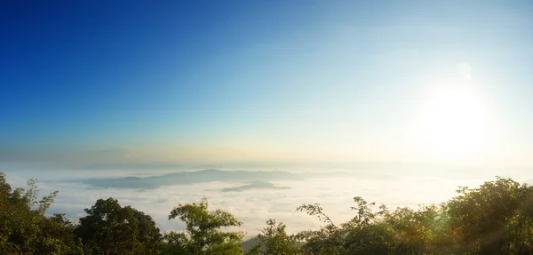 以上的山峰在阳光明媚的早晨有雾 — 图库照片