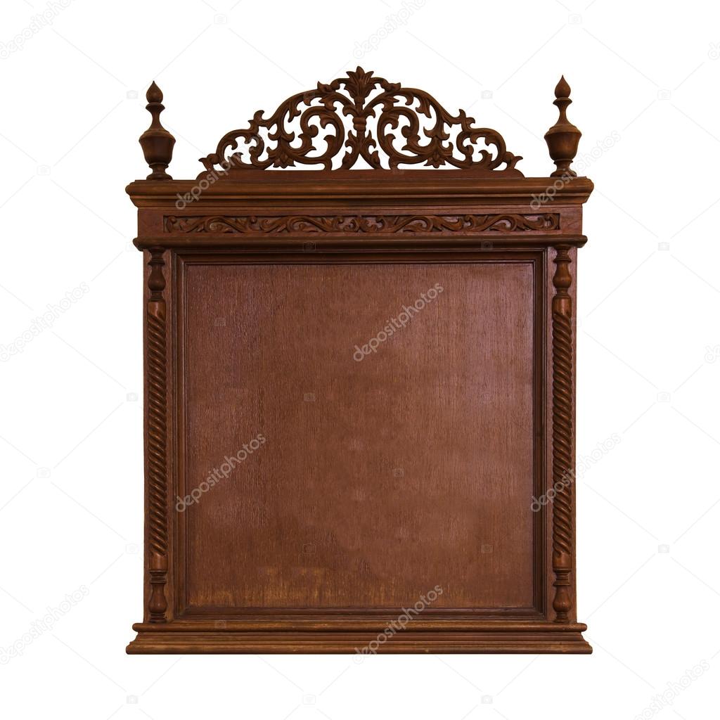 Wood board with pattern of flower carved isolated on white backg