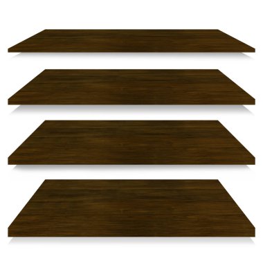 Beyaz Arkaplanda Yansıma ile izole edilmiş tahta raflar kırpma yolunu içerir