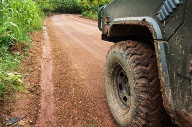 Araba tekerlekleri yuvarlak toprak yolda gitmek.