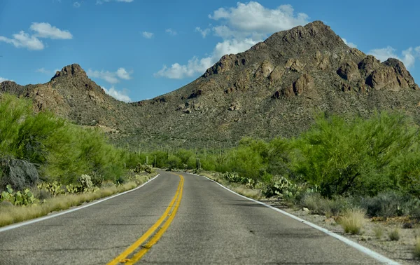 Rua desolada em viagem de carro através do sudoeste americano — Fotografia de Stock