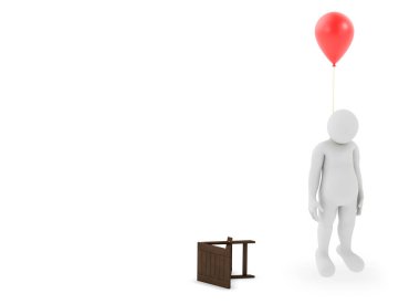 İntihar sanat konsepti. Beyaz soyut çizgi film karakteri kırmızı bir balona asıldı. 3d oluşturma. 