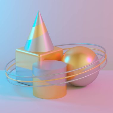 Soyut arka plan, ilkel geometrik şekiller. Minimum tasarım elemanları. Pastel gözlük. Altın ve gümüş maddeler. 3d oluşturma.