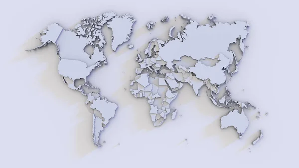 Mapa Světa Vyvýšenými Kontinenty Zeměmi Modrá Barva Vykreslování — Stock fotografie