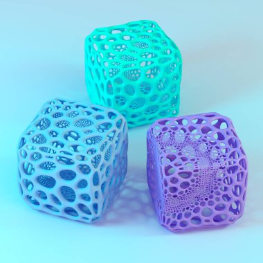 Üç farklı renkte küpün soyut bileşimi. 3d oluşturma.