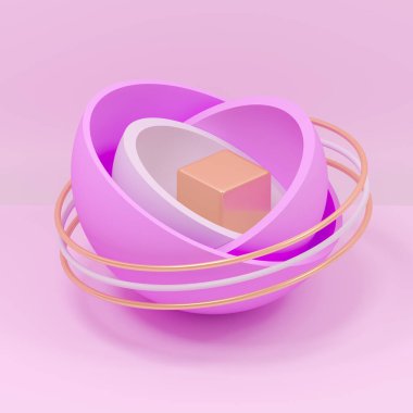 İlkel geometrik şekiller, basit maketler, pembe arka planda minimum tasarım elemanları. 3d oluşturma