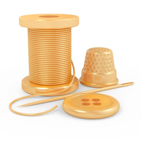 Spool Thread Needle Button Thimble White Background Gold Material Needlework — Stock Photo, Image
