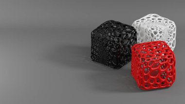 Üç küpün bileşimi. 3D baskı konsepti. Kırmızı, beyaz ve siyah renkler. Plastik malzemeler. 3d oluşturma.
