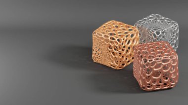Üç küpün bileşimi. 3D baskı konsepti. Altın, bronz ve gümüş maddeler. 3d oluşturma.