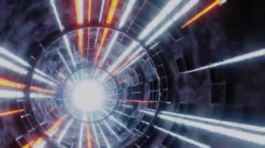  Bilim kurgu tüpü. Organik uzayda hareket. Fütürist bilgi teknolojisi. Sinirsel dijital sinyal. Turuncu ve mavi renkli ışık. 3d oluşturma.